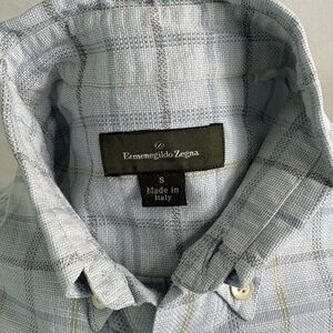 Ermenegildo Zegna Light Blue Plaid Button-Down Shirt Small Cotton Linen